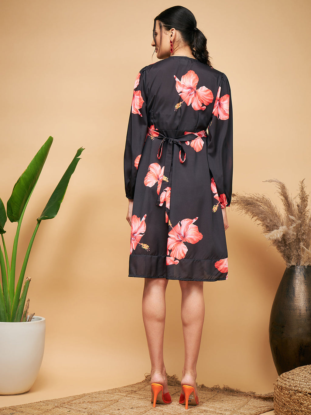 InWeave Women's Black Red Big Flower Belted Dress | Grocsy