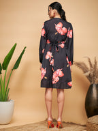 InWeave Women's Black Red Big Flower Belted Dress | Grocsy