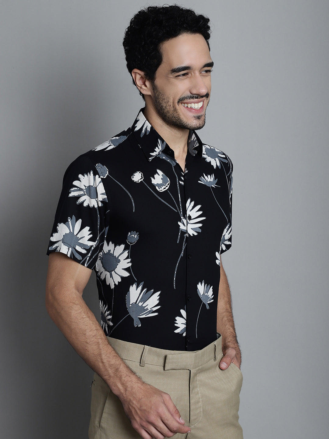 Jainish Men's Floral Printed Formal Shirts - Black | Grocsy