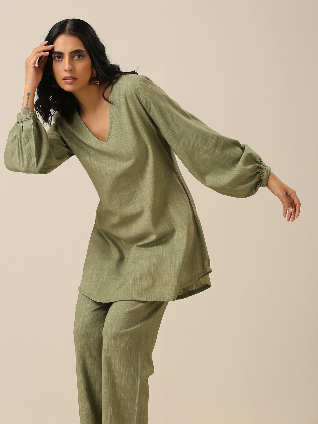 trueBrowns Sage Slub Textured Short Co-Ord Set | Grocsy