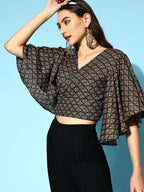 InWeave Women's Black Foil Print Bell Sleeves Top | Grocsy