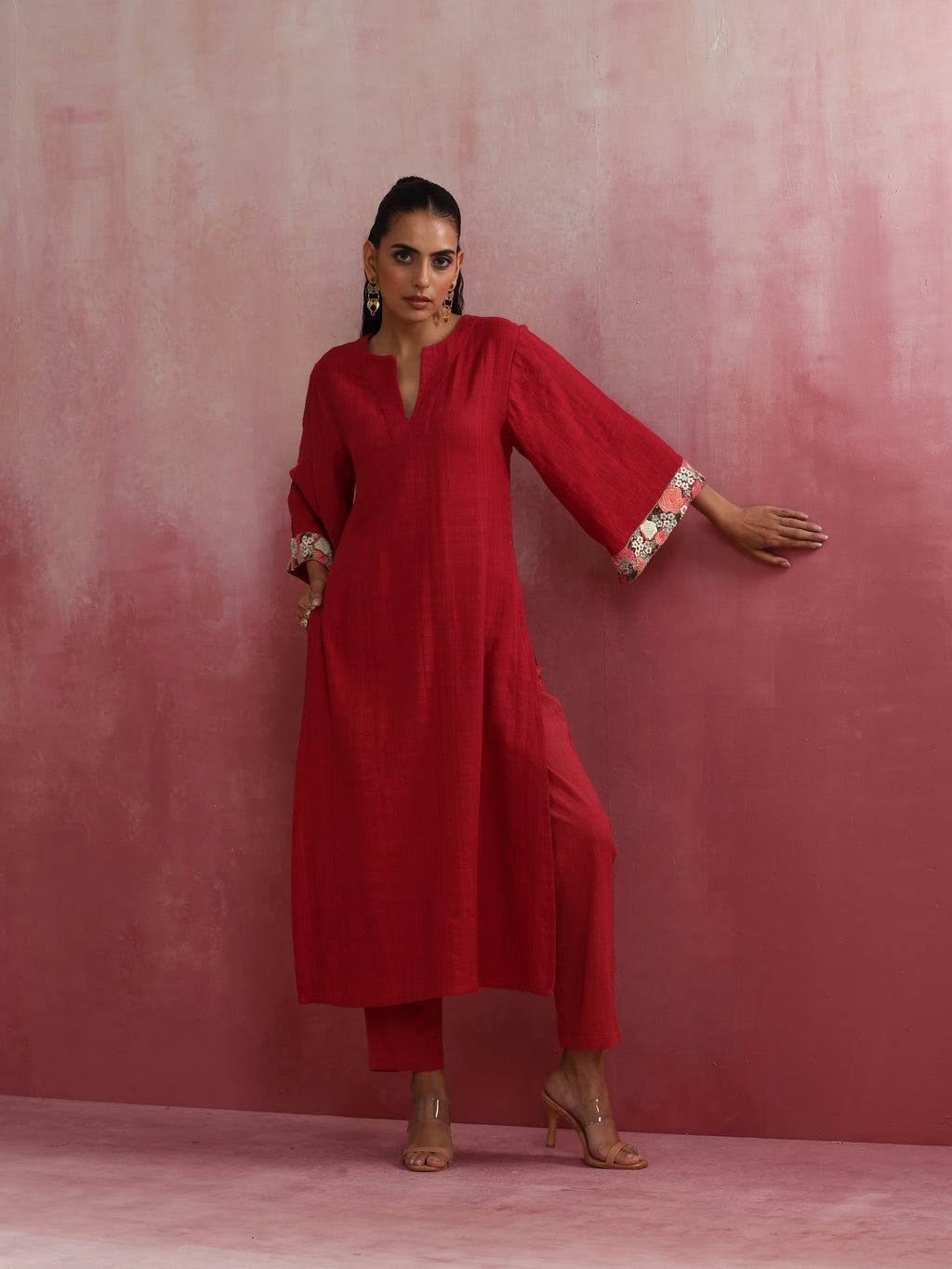 trueBrowns Red Straight Cotton Dobby Kurta Set | Grocsy