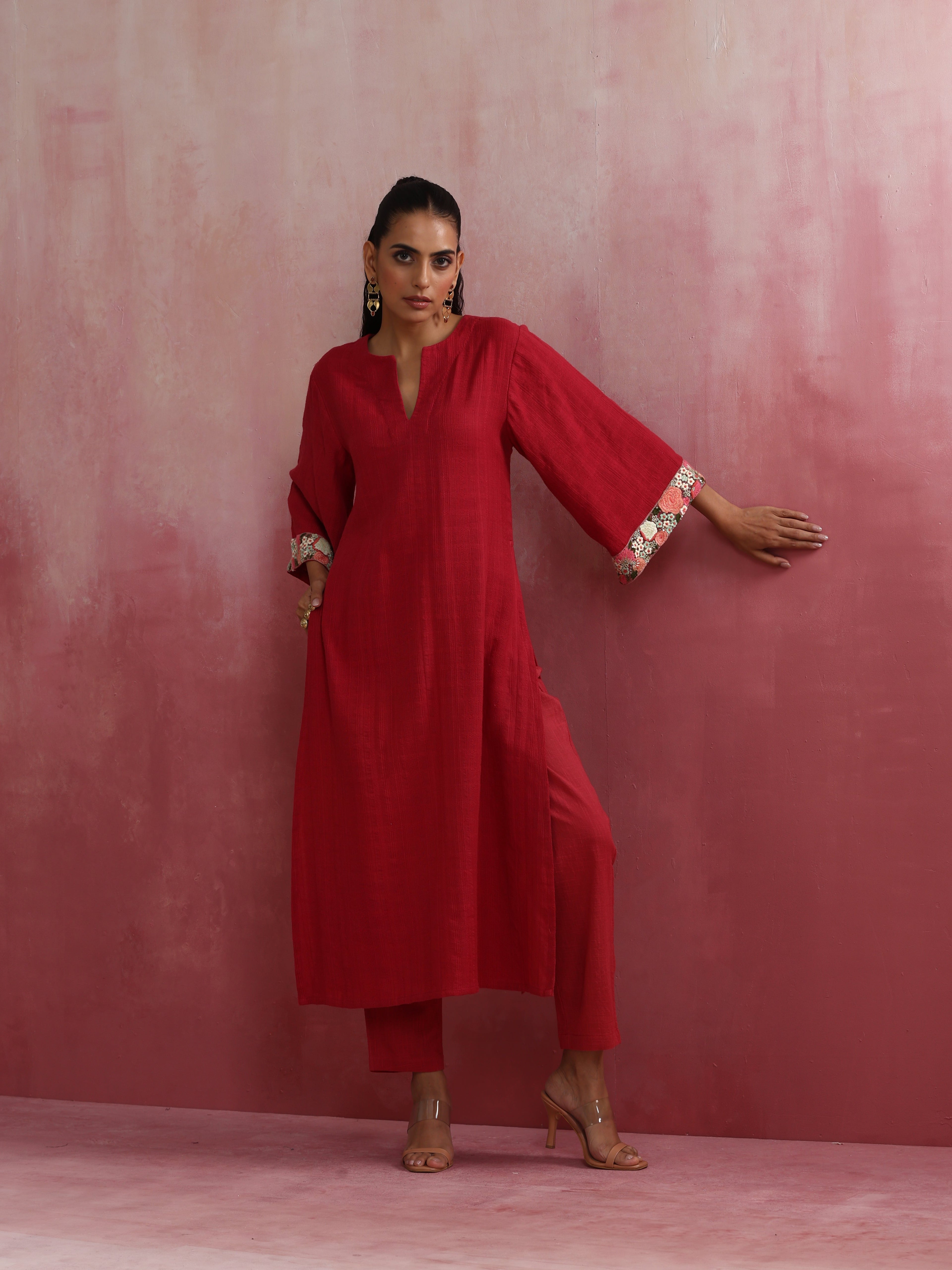 trueBrowns Red Straight Cotton Dobby Kurta Set | Grocsy