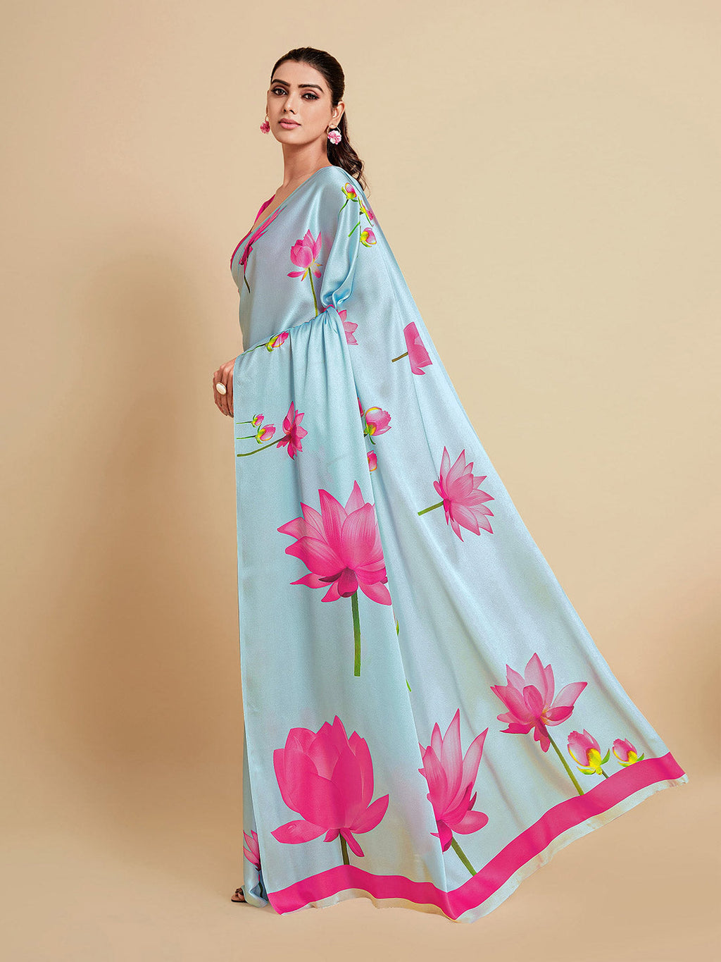 Sangria Turquoise Blue & Magenta Floral Zari Satin Saree | Grocsy