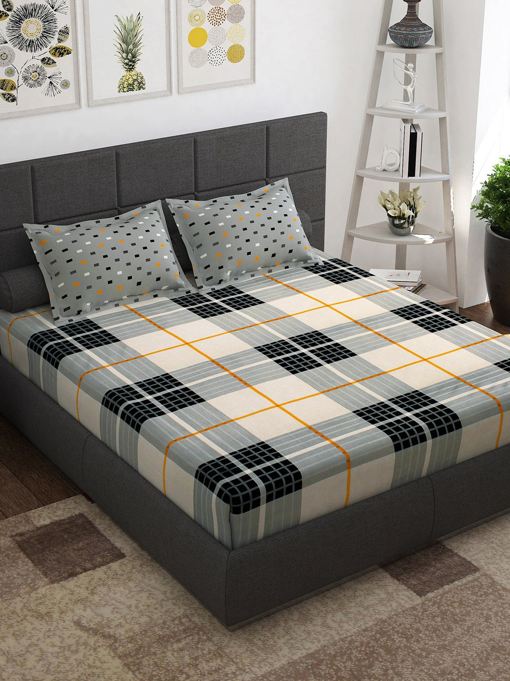 Story@home White & Grey Geometric Cotton 152 TC Queen Bedsheet With 2 Pillow Covers | Grocsy