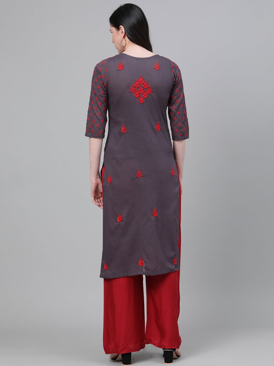 ADA Women Charcoal Grey & Red Chikankari Hand Embroidered Cotton Straight Sustainable Handloom Kurta | Grocsy