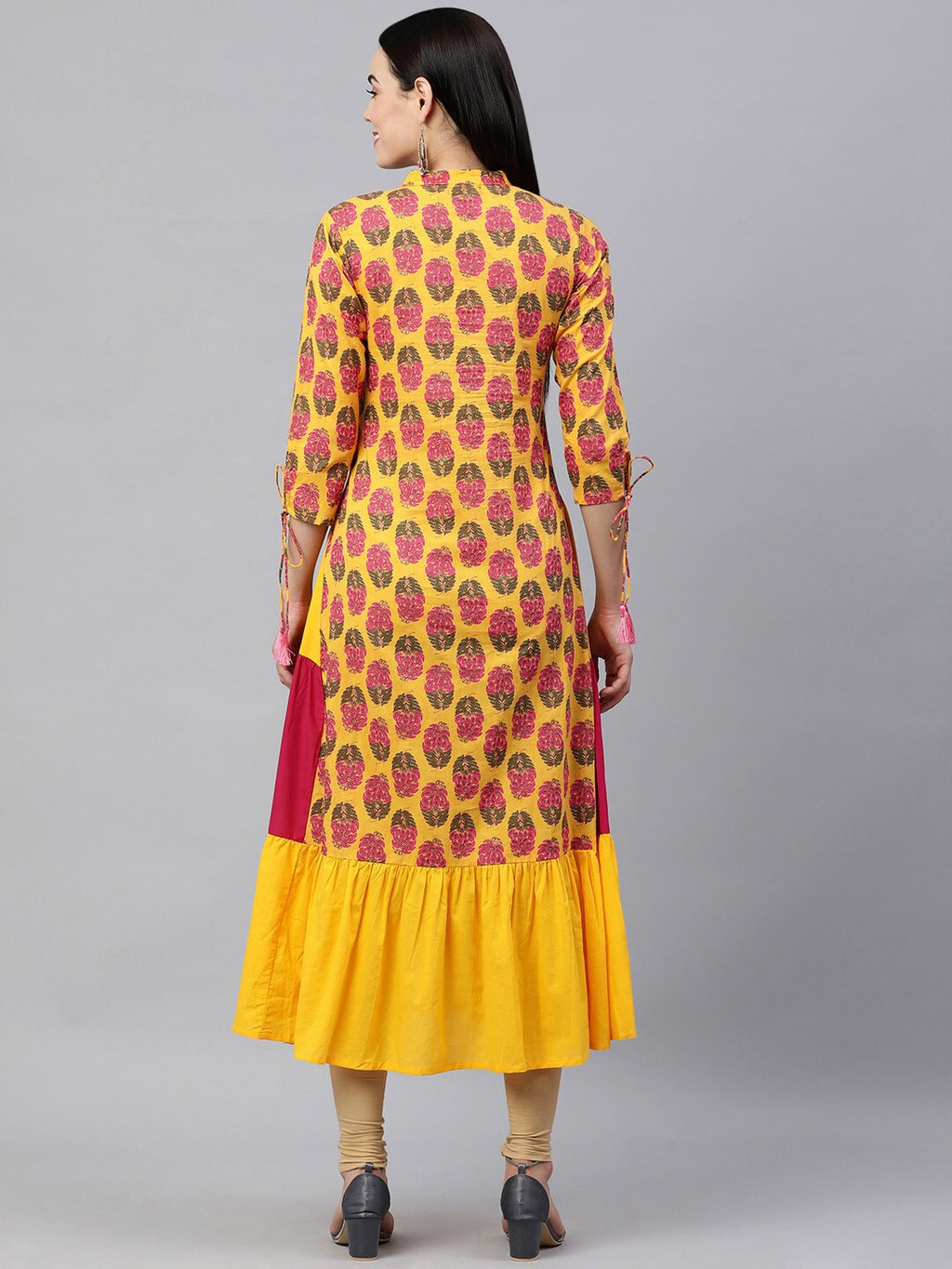 HERE&NOW Women Yellow & Pink Ethnic Motifs Pure Cotton Printed Kurta | Grocsy