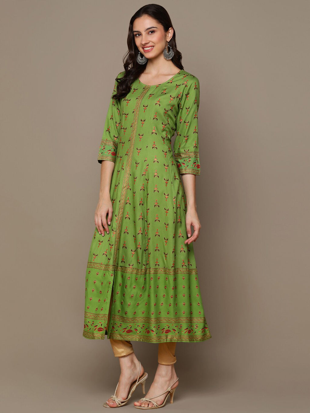HERE&NOW Green & Maroon Ethnic Motifs Printed A-Line Kurta | Grocsy