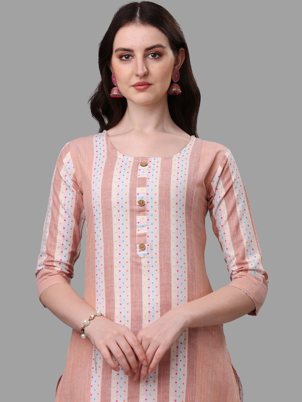 HERE&NOW Peach & White Striped Pure Cotton Kurta With Trousers & Dupatta | Grocsy