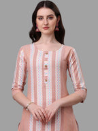 HERE&NOW Peach & White Striped Pure Cotton Kurta With Trousers & Dupatta | Grocsy
