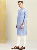 House of Pataudi Men Blue Solid Straight Kurta | Grocsy