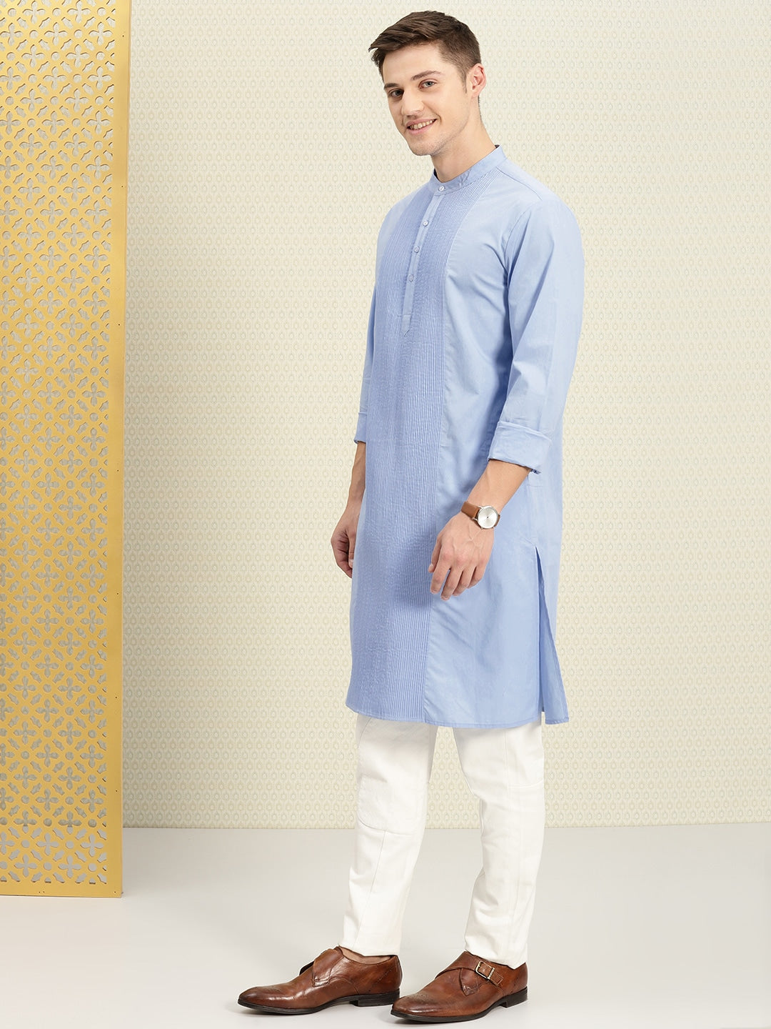House of Pataudi Men Blue Solid Straight Kurta | Grocsy