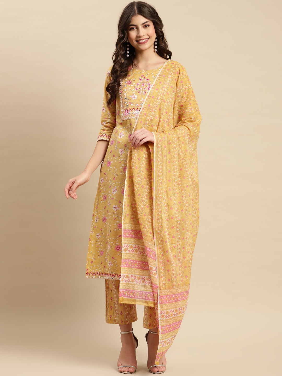 Sangria Yellow & Pink Floral Printed Pure-Cotton Straight Kurta With Trouser & Dupatta | Grocsy