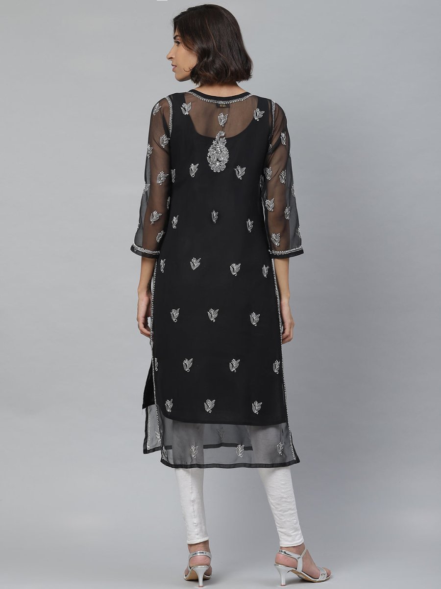 ADA Women Black & White Paisley Chikankari Embroidered Straight Handloom Kurta | Grocsy