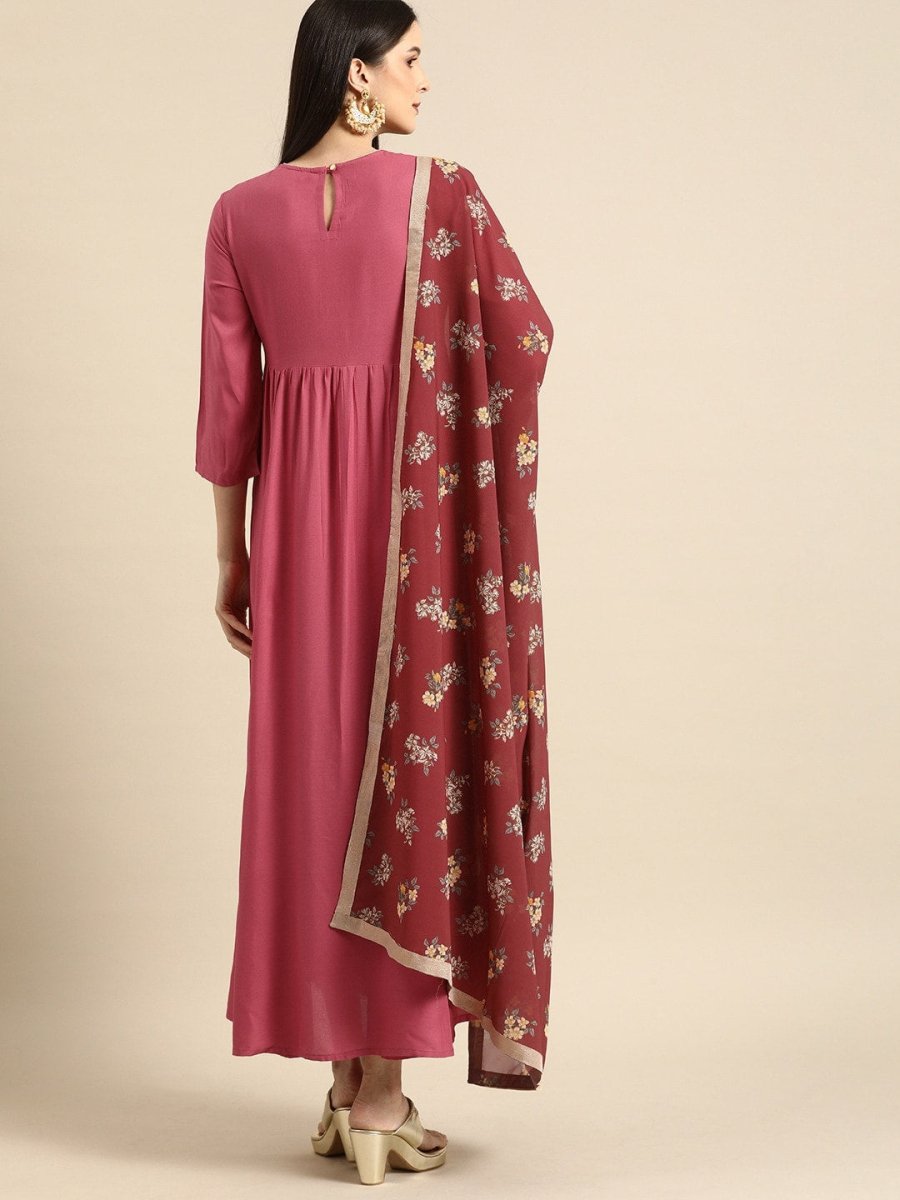 All About You Women Rust Pink Ethnic Motifs Yoke Design Thread Work Kurta with Dupatta | Grocsy