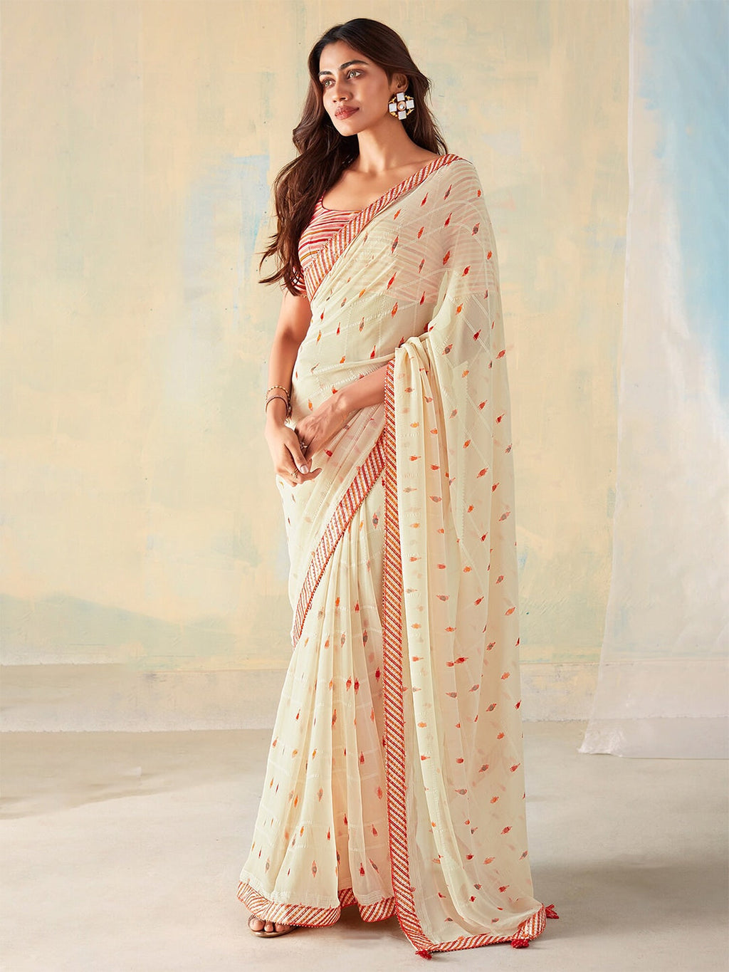 Saree Mall Geometric Printed Gotta Patti Pure Georgette Sarees | Grocsy
