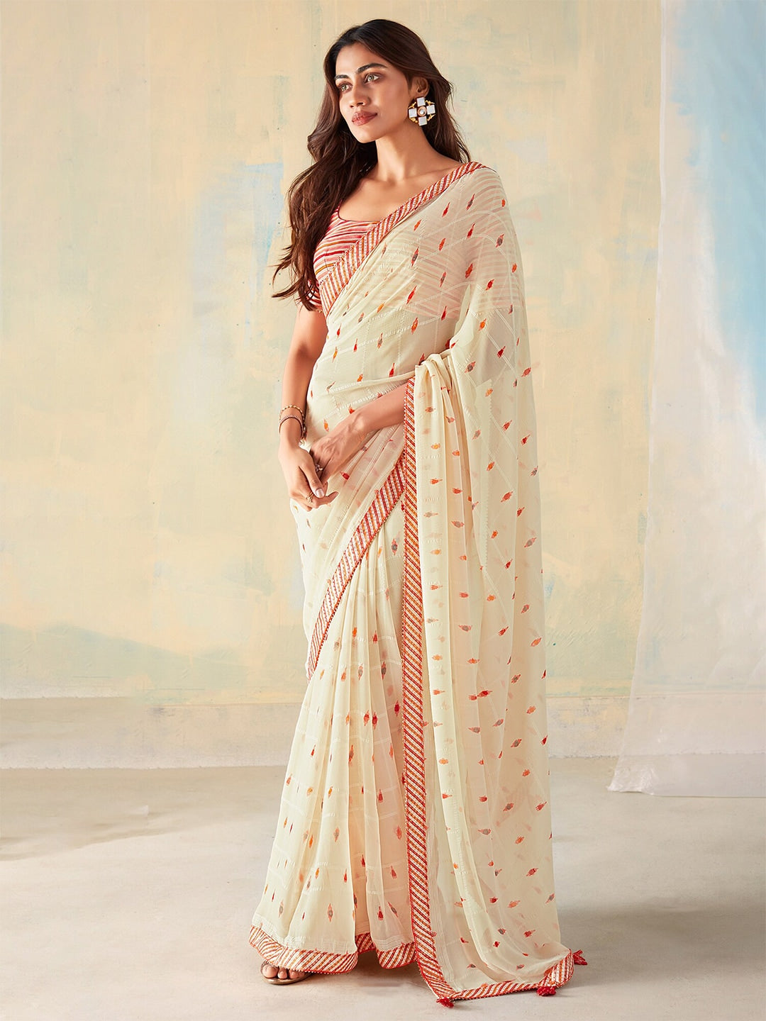 Saree Mall Geometric Printed Gotta Patti Pure Georgette Sarees | Grocsy