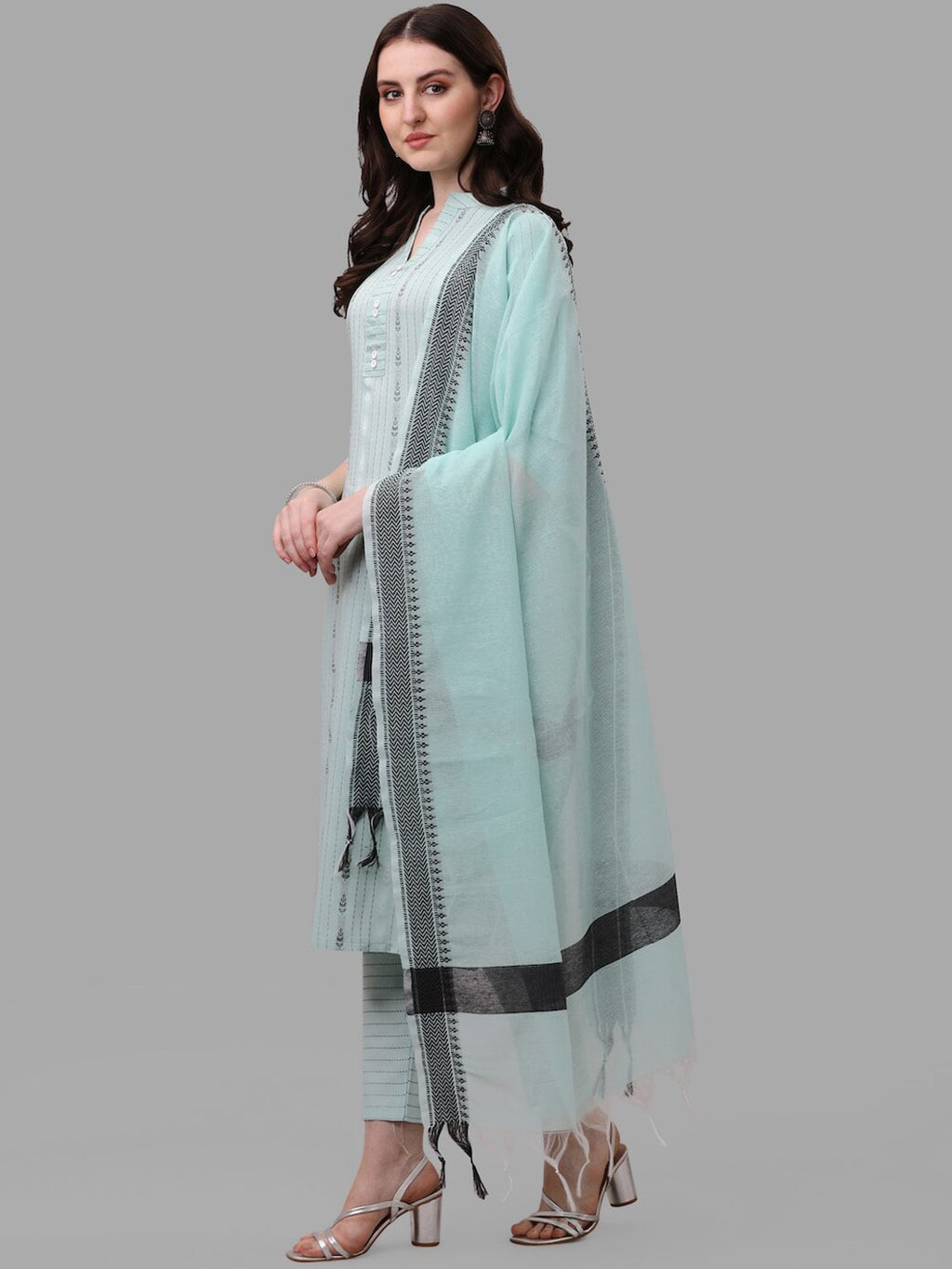 HERE&NOW Turquoise Blue Striped Regular Pure Cotton Kurta With Trousers & Dupatta | Grocsy