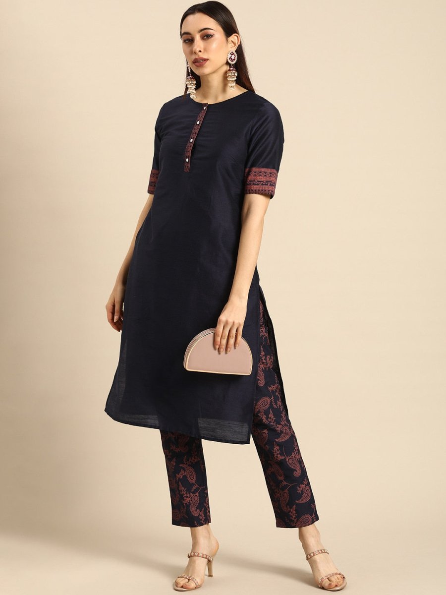 All About You Women Navy Blue Ethnic Motifs Printed Regular Kurta with Printed Trousers | Grocsy
