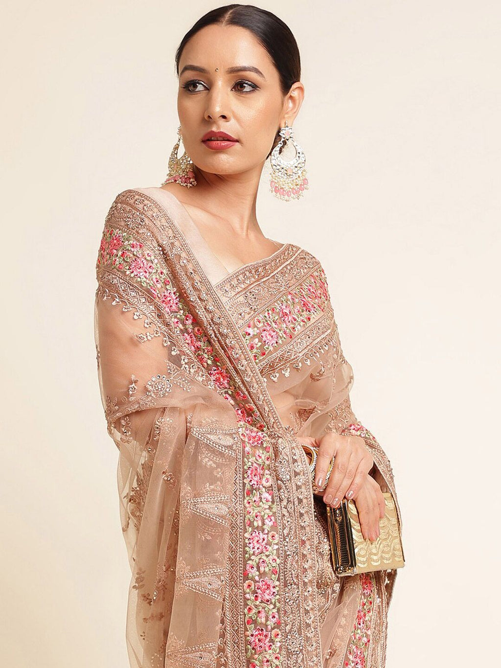 kasee Floral Embroidered Net Saree | Grocsy