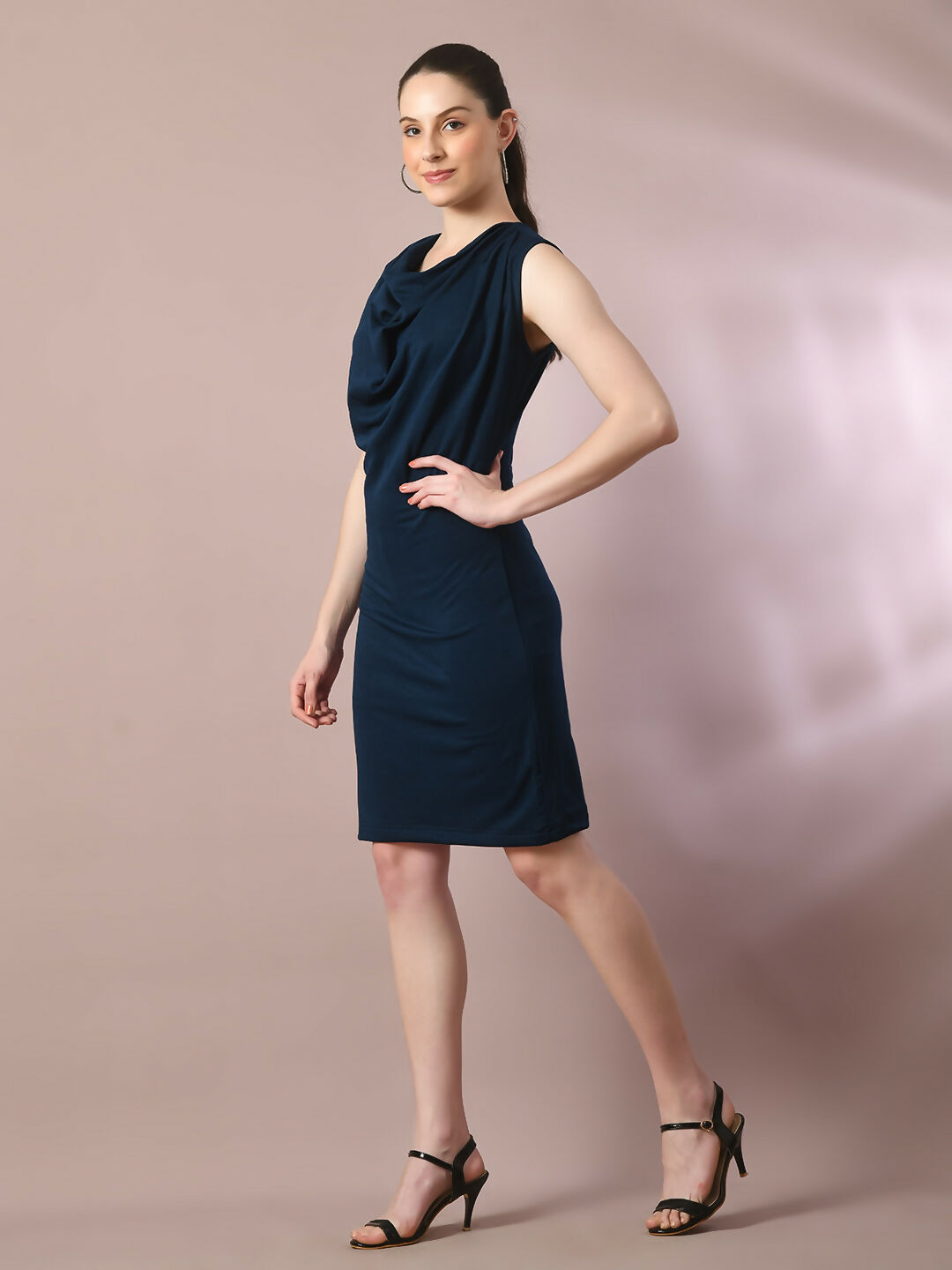 Myshka Women's Navy Blue Solid Cowl Neck Bodycon Party Dress | Grocsy