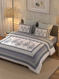 BELLA CASA Off White & Blue Ethnic Motifs 350 TC Cotton King Bedsheet with 2 Pillow Covers | Grocsy