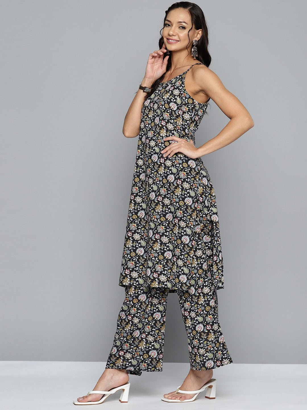 HERE&NOW Women Floral Printed Regular Pure Cotton Kurta with Palazzos & Dupatta | Grocsy