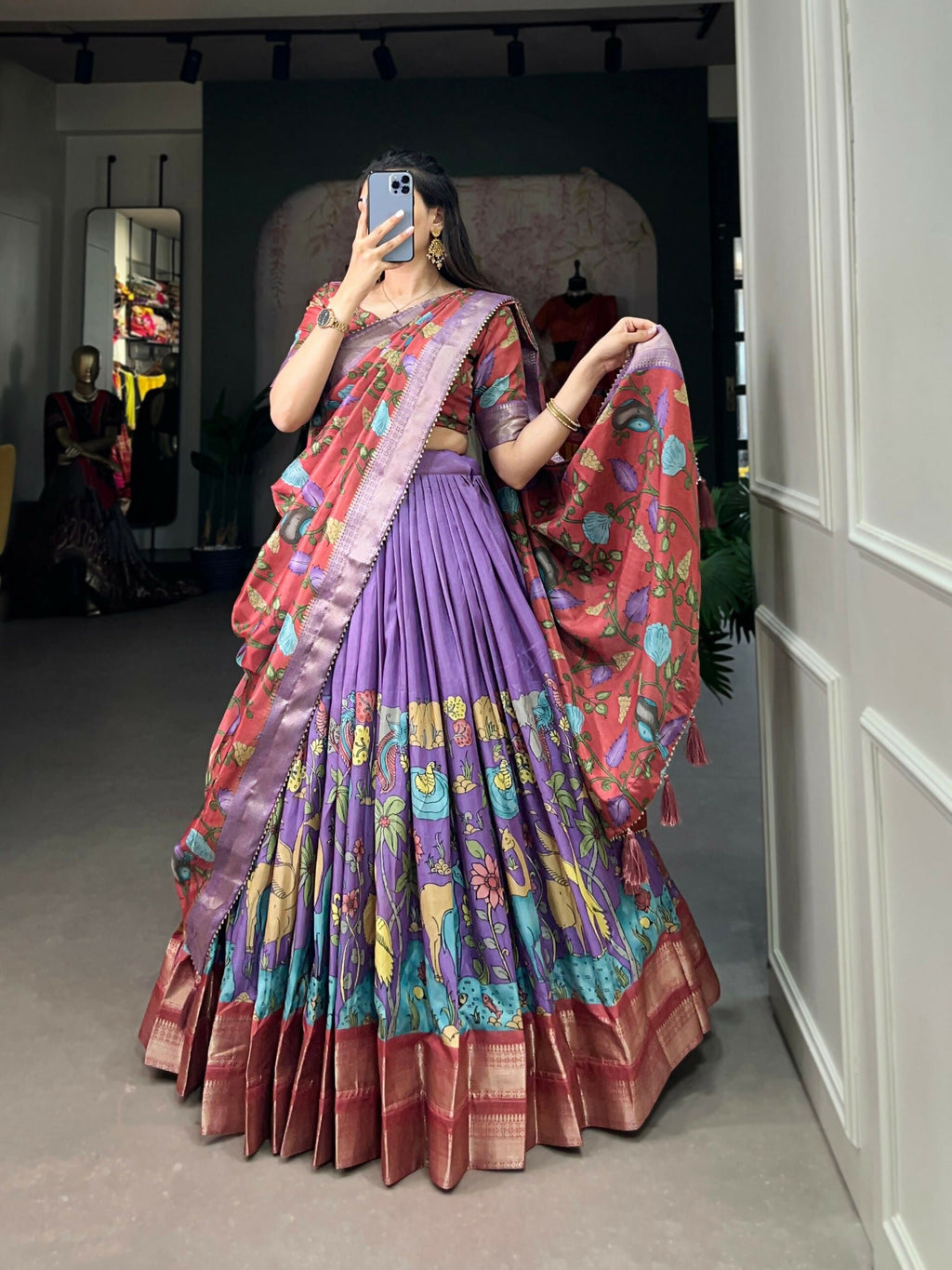 Vastranavya Kalamkari Printed Dola Silk Lehenga Choli - Lavander | Grocsy