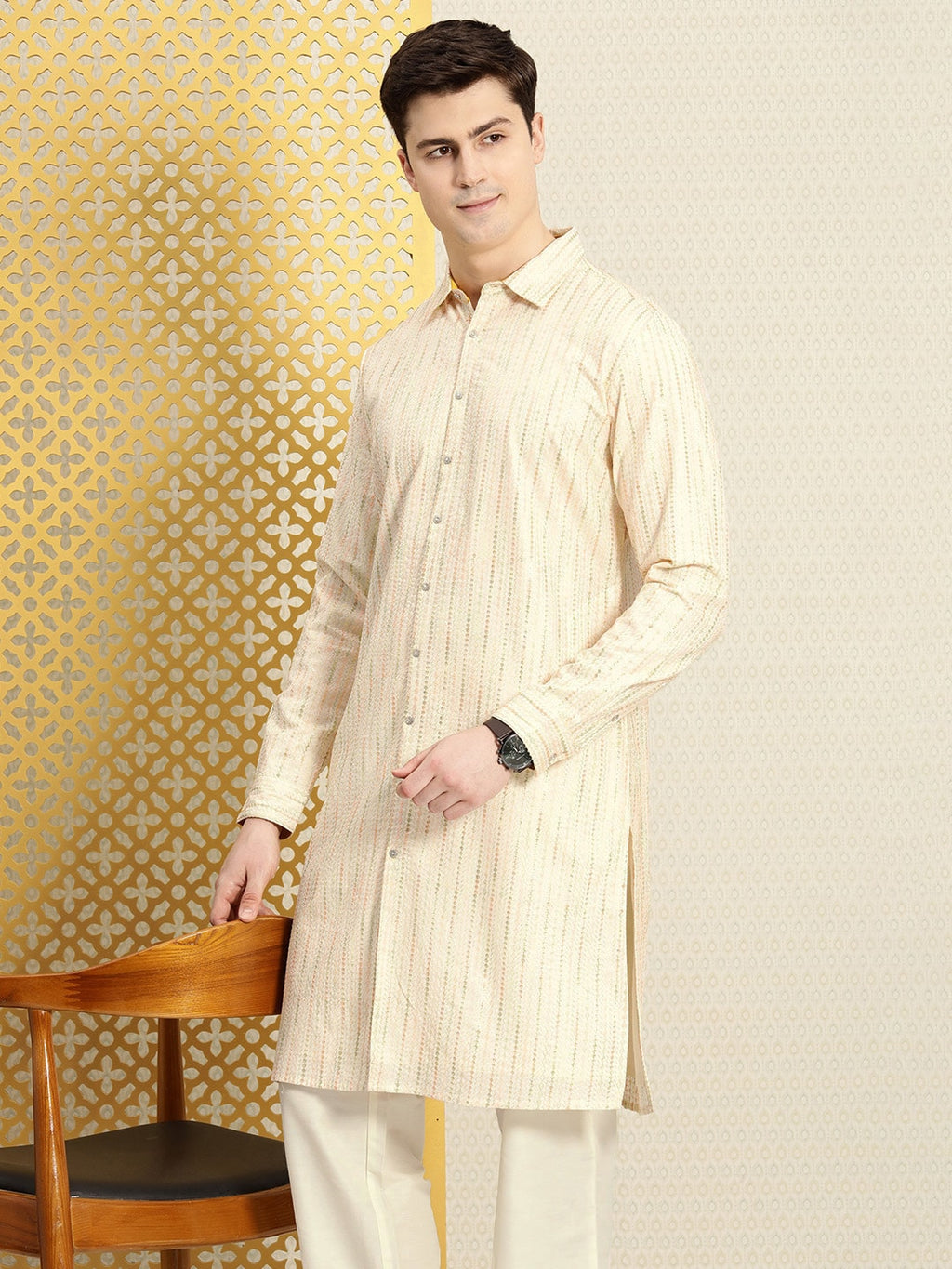 House of Pataudi Men Jashn Embroidered Sequinned Pure Cotton Kurta with Trousers | Grocsy