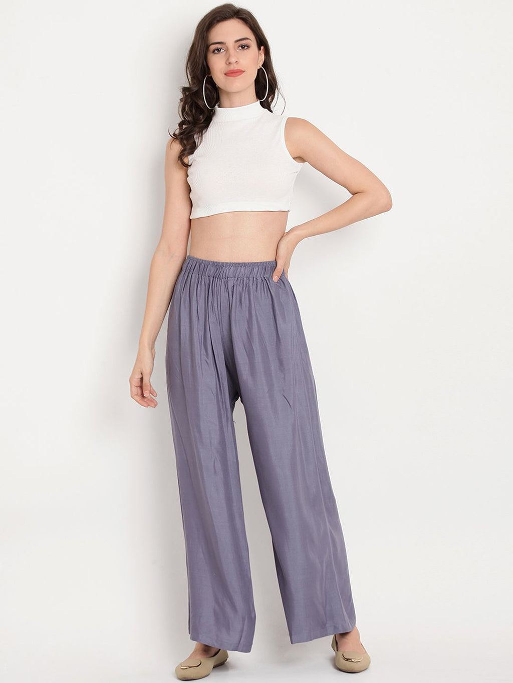 TAG 7 Women Grey Solid Flared Palazzos | Grocsy