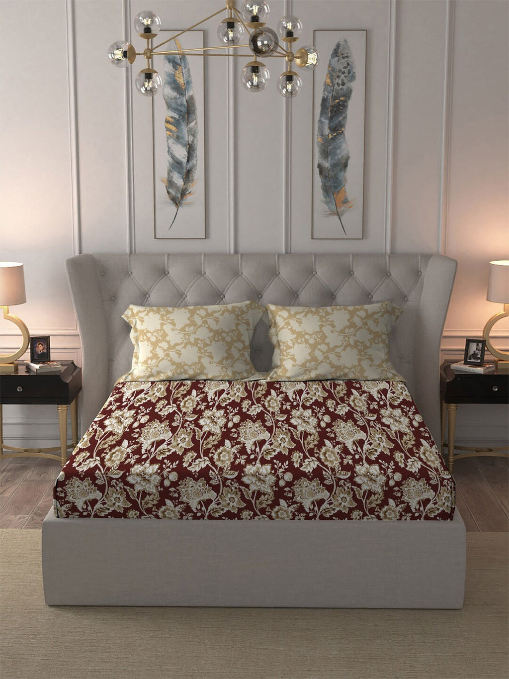 MYTRIDENT Red White Ethnic Motifs Cotton 120 TC Queen Bedsheet With 2 Pillow Covers | Grocsy