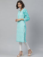 ADA Women Sea Green & White Floral Chikankari Embroidered Straight Sustainable Handloom Kurta | Grocsy
