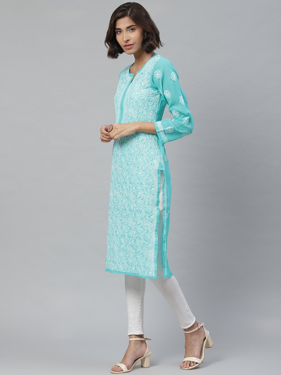 ADA Women Sea Green & White Floral Chikankari Embroidered Straight Sustainable Handloom Kurta | Grocsy