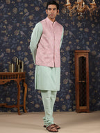 House of Pataudi Mandarin Collar Straight Kurta With Churidar & Embroidered Nehru Jacket | Grocsy