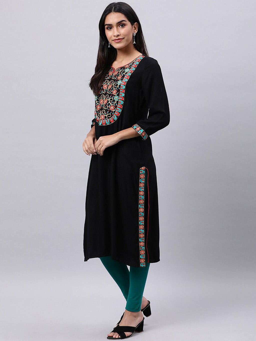 Souchii Black Geometric Yoke Design Thread Work Grandeur & Majestic Artwork Kurta | Grocsy