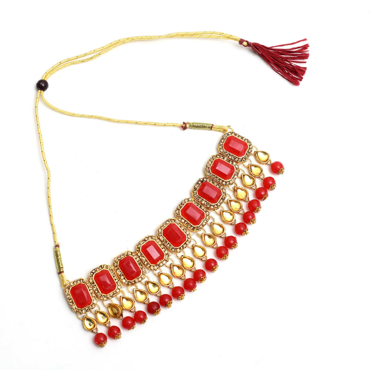 Mominos Fashion Johar Kamal Gold-Polished Brass Finish Kundan/Pearls Choker For Women (Red) | Grocsy