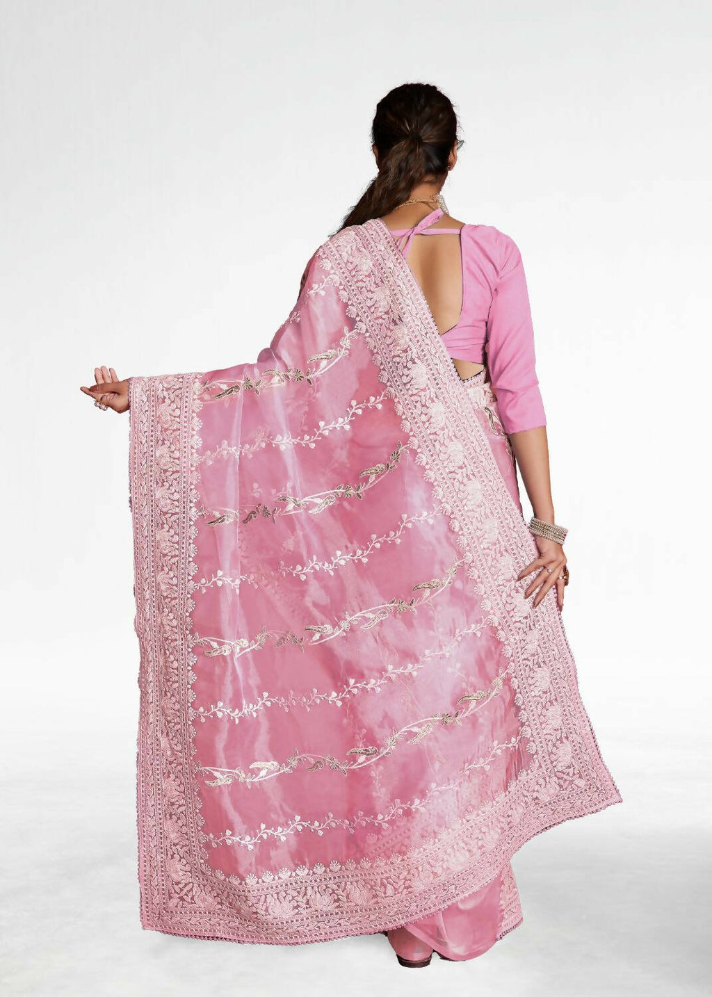 Vamsee Pink Organza Saree | Grocsy
