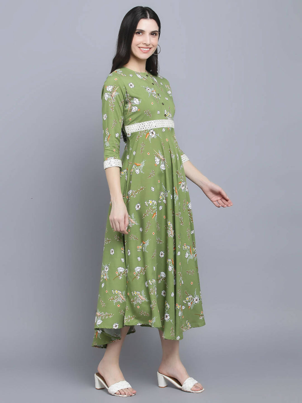 Myshka Women Green Floral Midi Dress | Grocsy