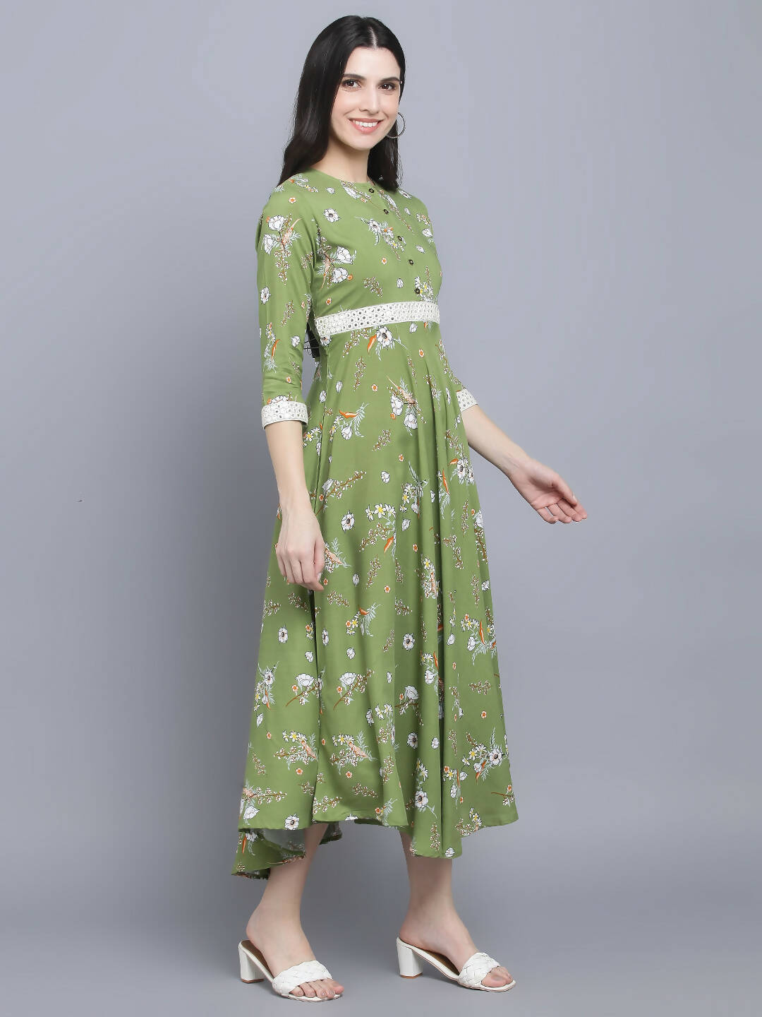 Myshka Women Green Floral Midi Dress | Grocsy