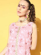 Ahalyaa Women Rose Colour Organza Digital Printed Kurta Pant Set | Grocsy