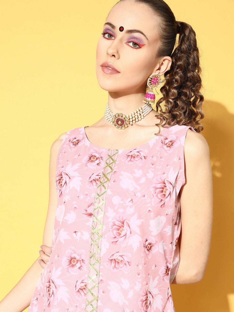 Ahalyaa Women Rose Colour Organza Digital Printed Kurta Pant Set | Grocsy