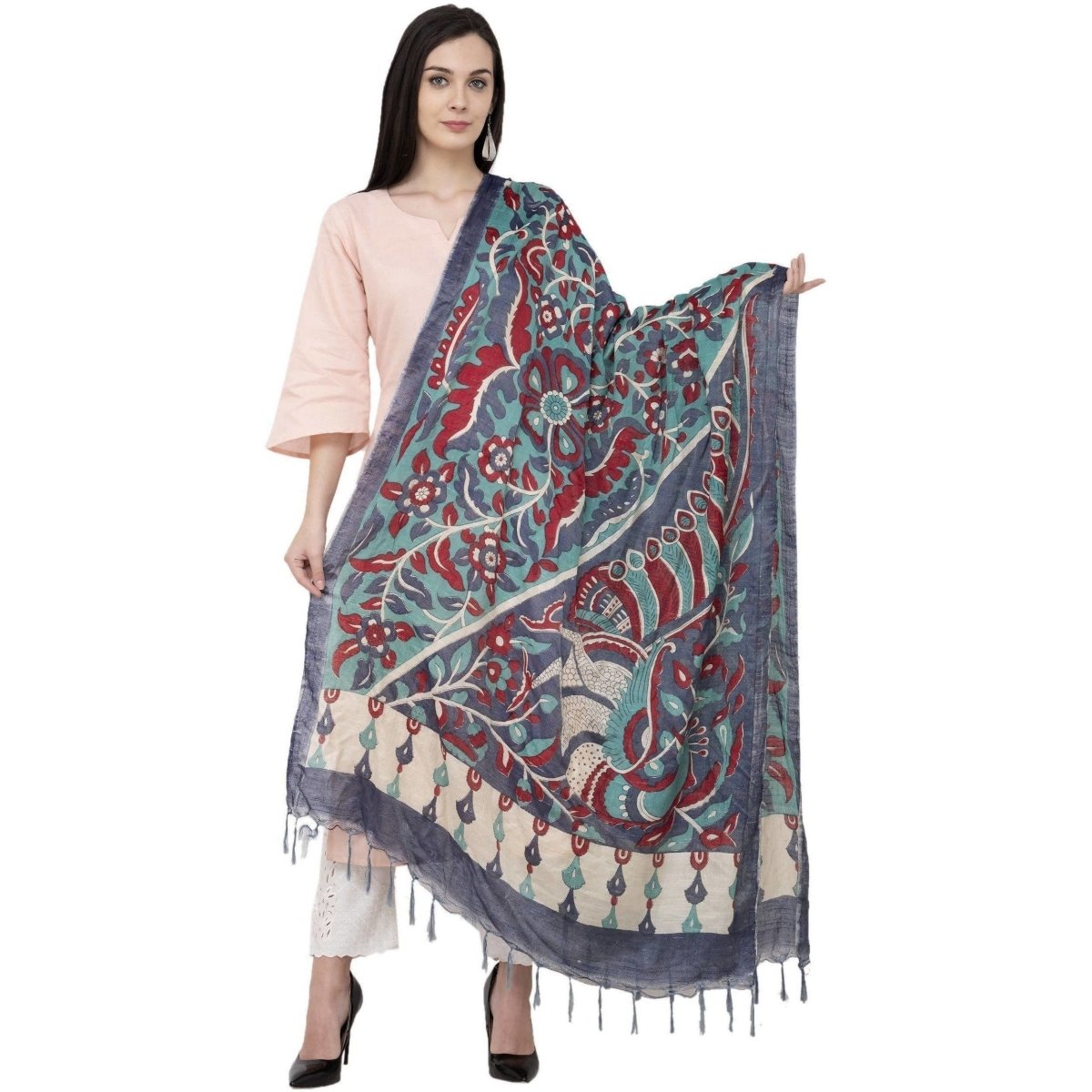 A R Silk Modal Kalamkari Print Fancy Grey Coloured Dupatta | Grocsy