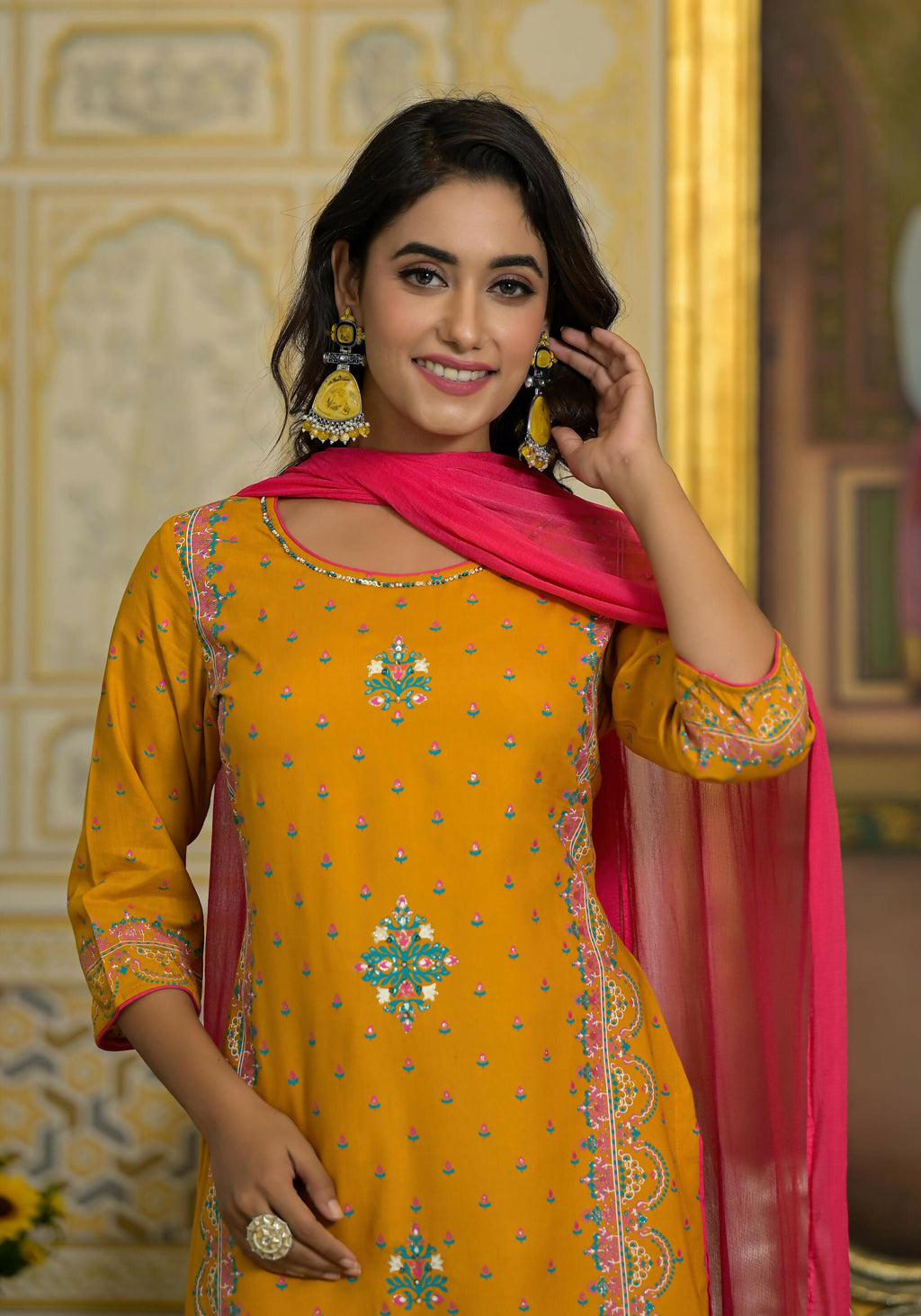 Juniper Women's Mustard Ethnic Motif Printed Liva Rayon Tunic Sharara And Dupatta Set With Sequins & Gota Patti Work | Grocsy
