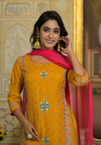 Juniper Women's Mustard Ethnic Motif Printed Liva Rayon Tunic Sharara And Dupatta Set With Sequins & Gota Patti Work | Grocsy