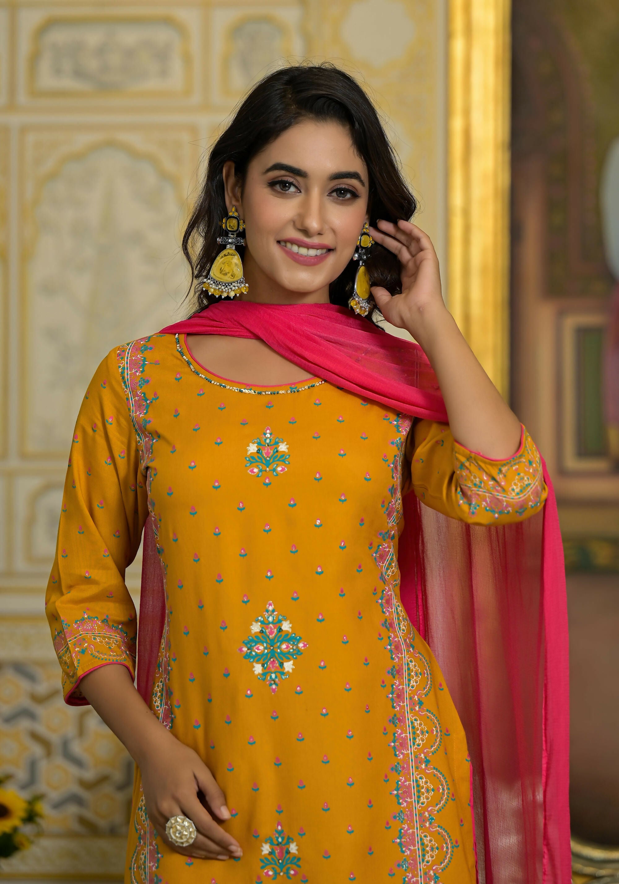 Juniper Women's Mustard Ethnic Motif Printed Liva Rayon Tunic Sharara And Dupatta Set With Sequins & Gota Patti Work | Grocsy