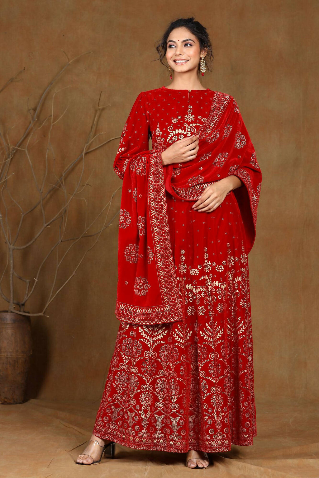 Juniper Women Maroon Velvet Printed Flared Lehenga Choli Sets | Grocsy