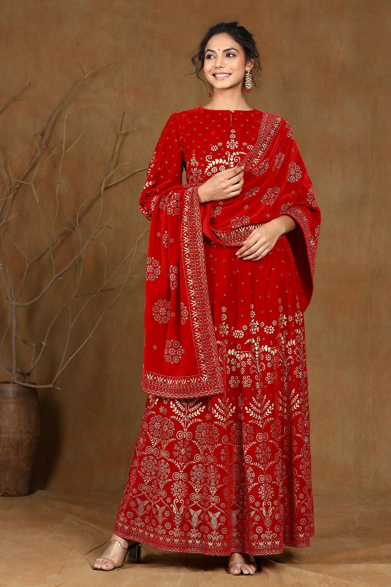 Juniper Women Maroon Velvet Printed Flared Lehenga Choli Sets | Grocsy