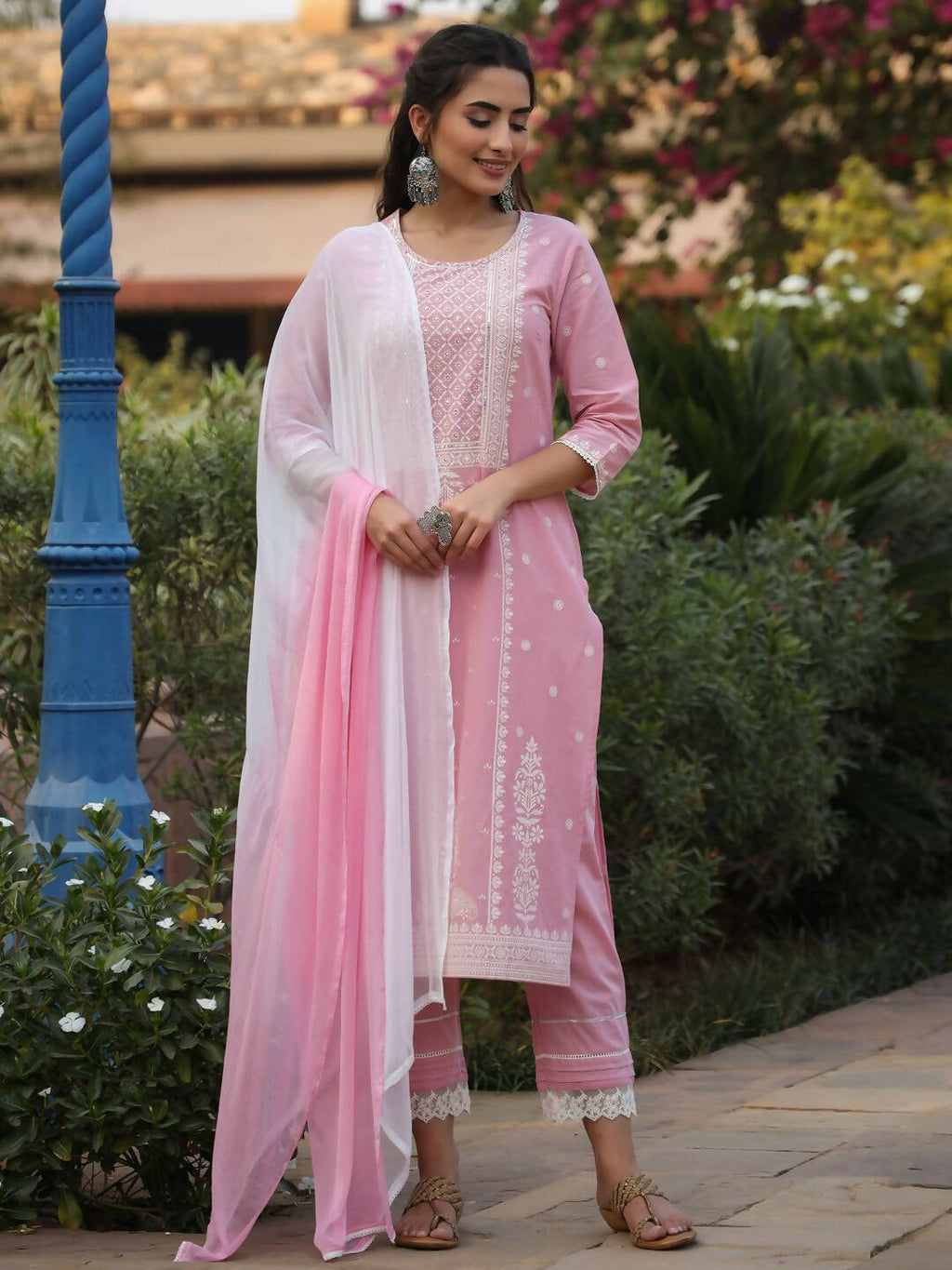 Juniper Women's Pink Cambric Floral Print Kurta Straight Pant And Duptta Sets | Grocsy