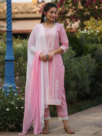 Juniper Women's Pink Cambric Floral Print Kurta Straight Pant And Duptta Sets | Grocsy