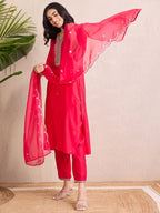 Indo Era Women Floral Yoke Design Regular Liva Kurta with Trousers & With Dupatta | Grocsy